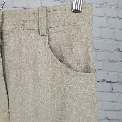 VTG British Khaki Beige 100% Linen Unlined Back Slit Pockets A Line Skirt Size 4