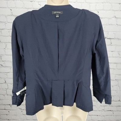 Ann Taylor Navy Stretch Buttoned 3/4 Sleeve Collarless Suit Jacket Blazer 8