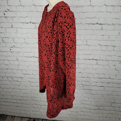 VTG Tandy Chez California Black Red Floral Lightweight Tunic Blouse Top USA 22W
