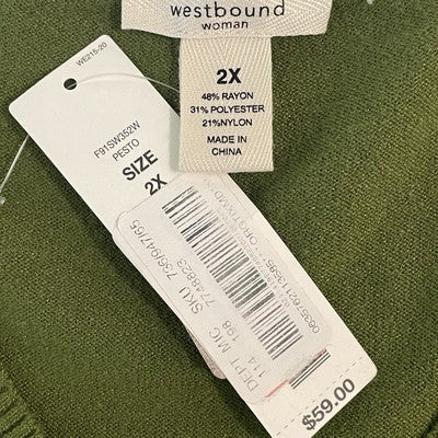 NWD Westbound Green Knit Ribbed Pullover V Neck Stretch Sweater Size 2X