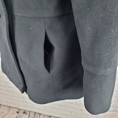 Larry Levine Black Wool & Cashmere Rex Rabbit Fur Collar Pea Coat Size Small S