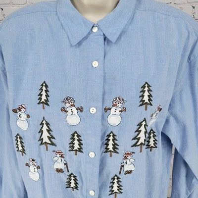 VTG Falls Creek Blue Snowman Embroidered Button Up Long Sleeve Shirt Top Medium