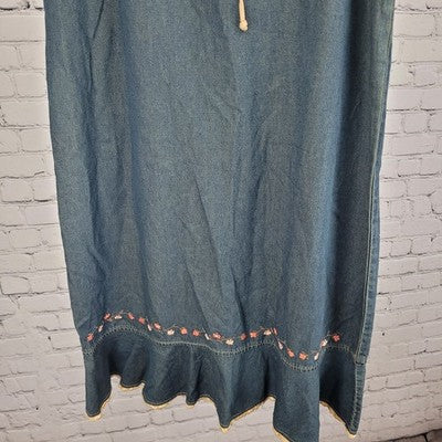 Sun River Blue Chambray Embroidered Floral Lace Trim Unlined Maxi Skirt Medium M