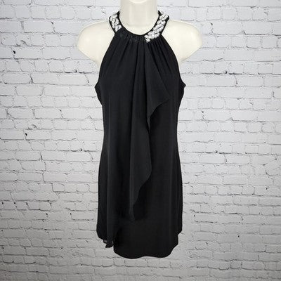 Cache Black Beaded Pearl Neckline Halter Sheer Drape Stretch Lined Short Dress 2