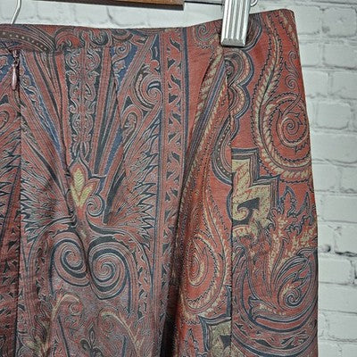 VTG Devan Red Paisley Unlined Ruched Back Pockets Zip Long A-Line Skirt USA 8