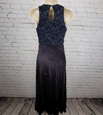 VTG Steppin Out Purple Satin Blue Lace Overlay Dress USA Made Size 3/4