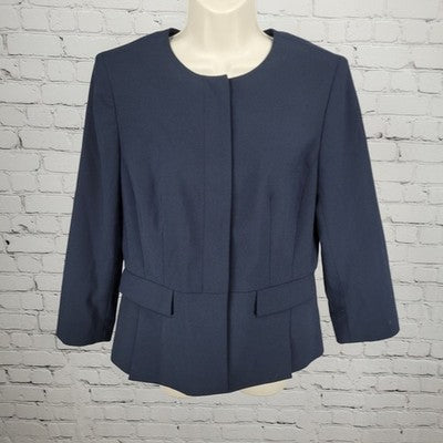 Ann Taylor Navy Stretch Buttoned 3/4 Sleeve Collarless Suit Jacket Blazer 8