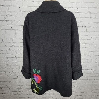 Carson Black 100% Wool Floral Applique Snap Closure Pockets Lined Coat Large L