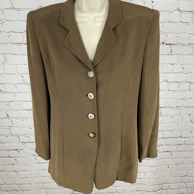 VTG Rena Rowan Brown 100% Silk Lightweight Lined Buttoned Pockets Jacket Size 6P
