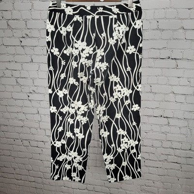 Talbots Black & White Floral Stretch Mid Rise Pants USA Made Size 8 (28x26)