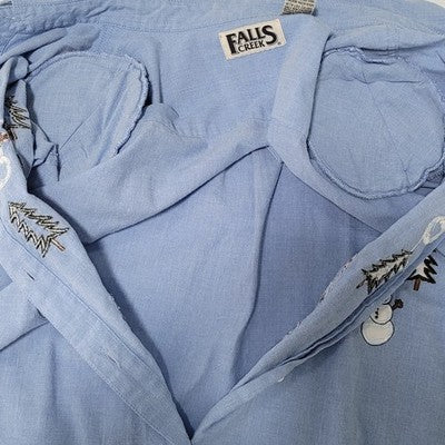 VTG Falls Creek Blue Snowman Embroidered Button Up Long Sleeve Shirt Top Medium