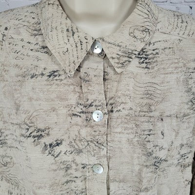 VTG Chico's Design Beige Silk Linen Postcard Long Sleeve Shirt Size 3 US 16