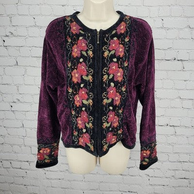 Coldwater Creek Purple Velvet Floral Embroidered Full Zip Jacket Small S