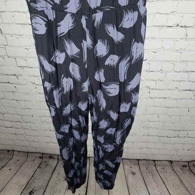Leith Black Blue Print Plunge Tapered Leg Pockets 1 Piece Boho Outfit Jumper 1X