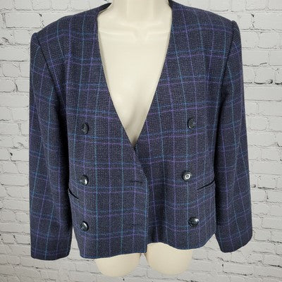 VTG Club 5' 4" Black & Purple Check Double Breasted Suit Jacket USA Made Size 4P