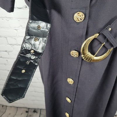 VTG Positive Influence Black Wool Blend Gold Buttoned Belted Midi Dress USA 16W