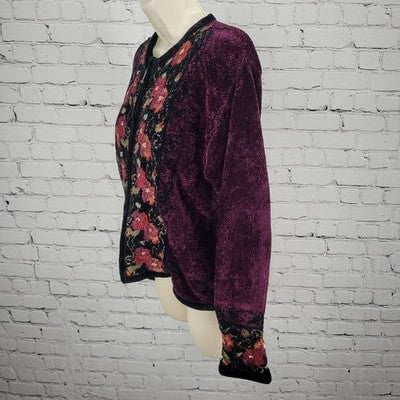Coldwater Creek Purple Velvet Floral Embroidered Full Zip Jacket Small S