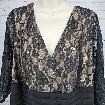 Adrianna Papell Black Lace Overlay Sheer 3/4 Sleeve V Neck Tiered Midi Dress 24W