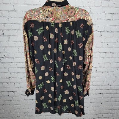 VTG Platinum Dorothy Schoelen Black Floral Long Sleeve Buttoned Blouse Top US PL