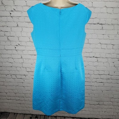 Tahari Blue Cap Short Sleeve Gold Accents Lined Back Slit Sheath Dress Size 14