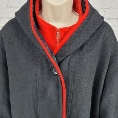 VTG Herman Kay Black Red Wool Blend Hooded Buttoned Long Heavy Over Coat 20W