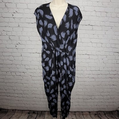 Leith Black Blue Print Plunge Tapered Leg Pockets 1 Piece Boho Outfit Jumper 1X