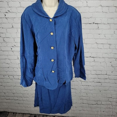 Courtenay Blue Stretch Gold Buttoned 2 Piece Shirt Skirt Outfit Set Size 16W
