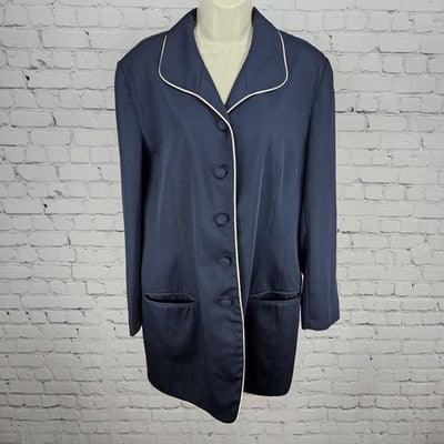 VTG David Bijoux Navy Ivory Trim Buttoned Vented Blazer Suit Jacket USA 16