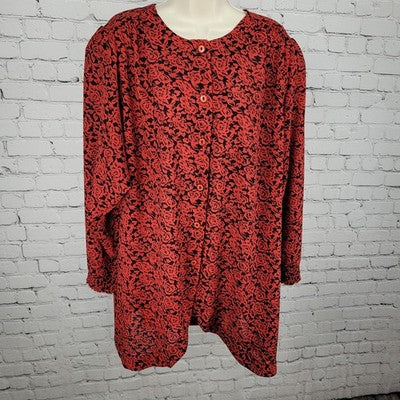 VTG Tandy Chez California Black Red Floral Lightweight Tunic Blouse Top USA 22W
