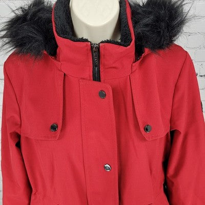 DKNY Red Faux Fur Trim Removable Hood Insulated Full Zip Jacket Medium M