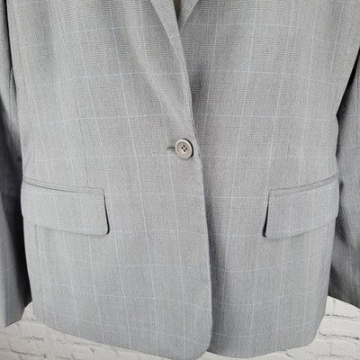 Ann Taylor Grey Check 1 Button Notch Lined Stretch Blazer Suit Jacket USA 10