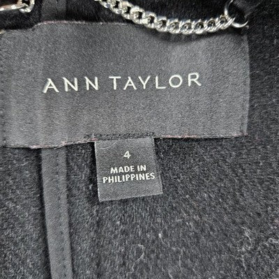 Ann Taylor Black Wool Blend Hooded Full Zip Cargo Pockets Utility Coat 4