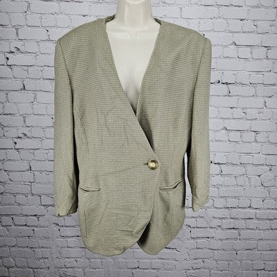 VTG Jones New York Green Beige 1 Button Collarless Padded Suit Jacket USA 16