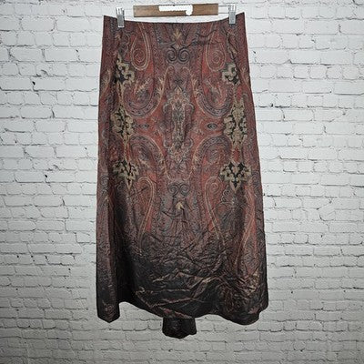 VTG Devan Red Paisley Unlined Ruched Back Pockets Zip Long A-Line Skirt USA 8