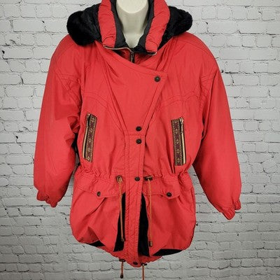 VTG Skiing Passport Retro Red Insulated Hooded Zip Pockets Jacket Size Medium M