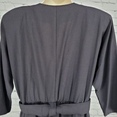 VTG Positive Influence Black Wool Blend Gold Buttoned Belted Midi Dress USA 16W