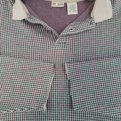 Sun River Green & Tan Houndstooth Cotton Long Sleeve Polo Shirt Size Large L