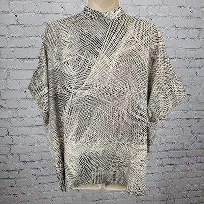 Josie Natori Beige Black 100% Silk Boxy Oversized Short Sleeve Top Blouse XS