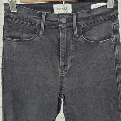 FRAME Black Le High Skinny Crop Brisbane Rips Stretch Jeans Size 24 (24x26)