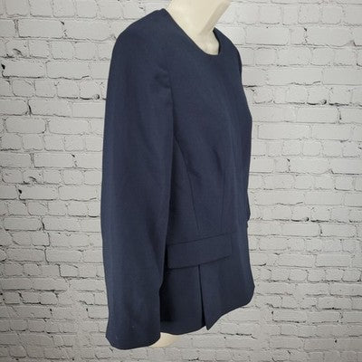 Ann Taylor Navy Stretch Buttoned 3/4 Sleeve Collarless Suit Jacket Blazer 8