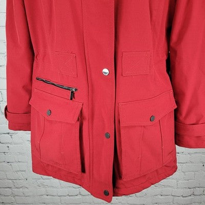 DKNY Red Faux Fur Trim Removable Hood Insulated Full Zip Jacket Medium M