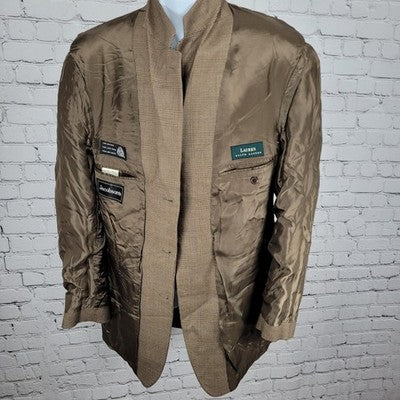 Lauren Ralph Lauren Brown 100% Wool Check 3 Button Blazer Sport Coat 41T *holes