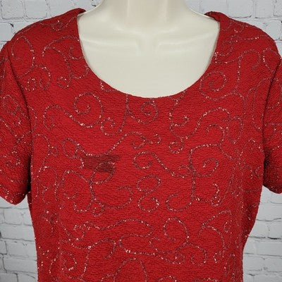 VTG Kathie Lee Cranberry Red Sequin Velvet Short Sleeve Long Dress Large L