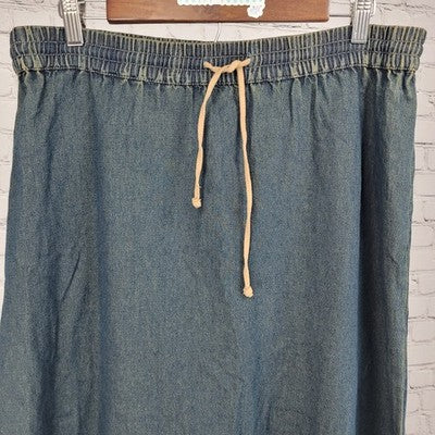 Sun River Blue Chambray Embroidered Floral Lace Trim Unlined Maxi Skirt Medium M