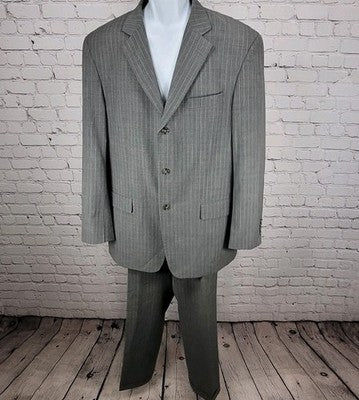 Lineage Grey Super Fine Wool Pinstriped Full Suit Set Blazer Size 46L Pants 40L