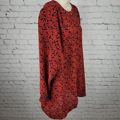 VTG Tandy Chez California Black Red Floral Lightweight Tunic Blouse Top USA 22W