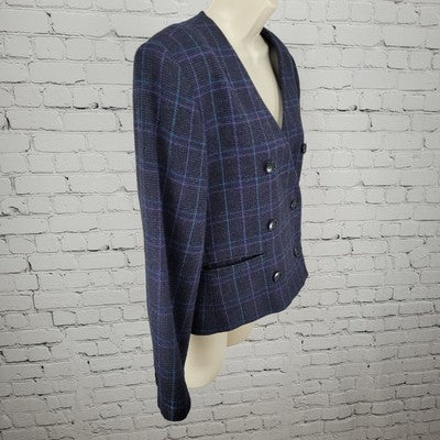 VTG Club 5' 4" Black & Purple Check Double Breasted Suit Jacket USA Made Size 4P