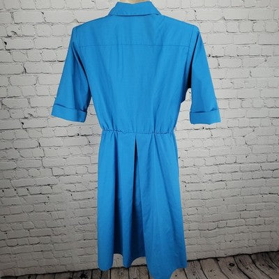 VTG Petites By Willi Blue Pleated Buttoned Short Sleeve A Line Dress USA 8