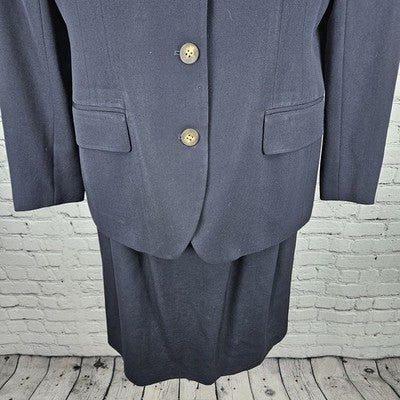 VTG Jones New York Navy 100% Wool Full Skirt Jacket Suit 2 Piece Set USA 8/10