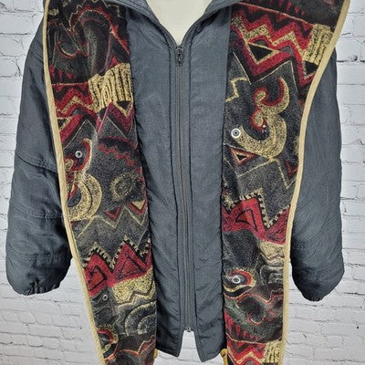 VTG UTEX 50 Black Velvety Print Trim Hooded Insulated Zip Puffer Jacket Large L